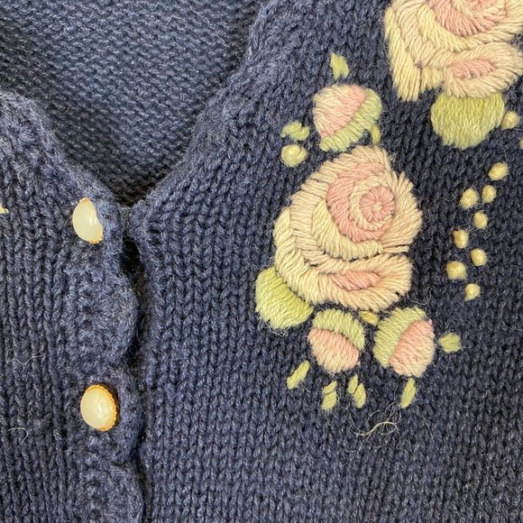 Vintage Margules Knit Sweater Cardigan Floral Embroidered Navy Button Down Small - Picture 3 of 10